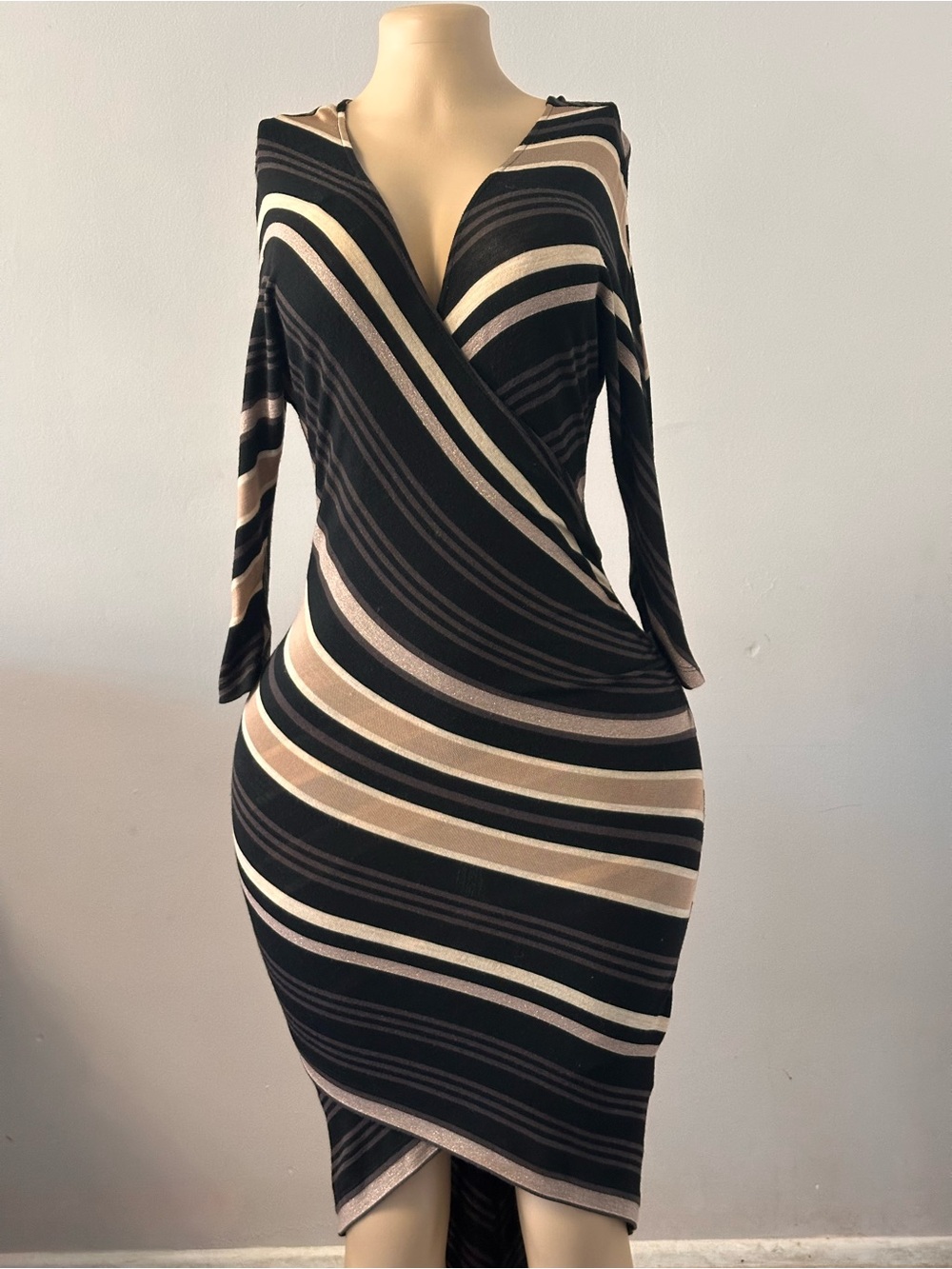 bebe Black, Beige & Cream Striped Wrap-Front Long Sleeve Dress